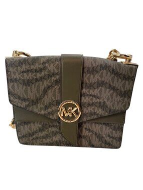 Michael Kors Jet Set Green Signature Crossbody Bag With Gold Chain & Logo Accent